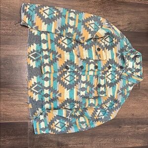 Geometric Patterned Jacket in Gray, Teal, and Tan